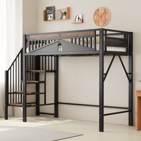 Lit Mezzanine 90x200cm - Lit Haut Enfant en Métal avec Escalier Rangement et Barrière Fenêtre - Noir (1/5)