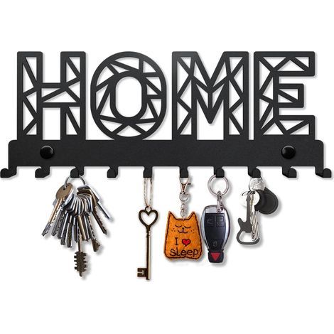 Porte-clés mural métal HOME, 8 crochets, design Home Sweet Home, support clés décoratif noir pour entrée cuisine (1/4)