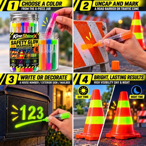 KineShineX Hochsichtbarer fluoreszierender Marker für Straßenbegrenzungen, Verkehrskegel, Hausnummernschilder, Hausnummern, Briefkästen und Außenschilder (1/4)