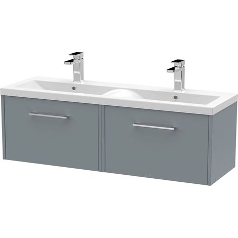 Winshill Contemporary 2 Drawer Wall Hung Vanity Unit with Double Basin, Grey, 1200mm