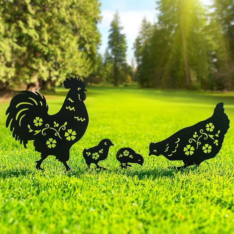 Lot de 4 piquets de jardin, silhouette de poulet en métal noir, décoration extérieure, cour, terrasse