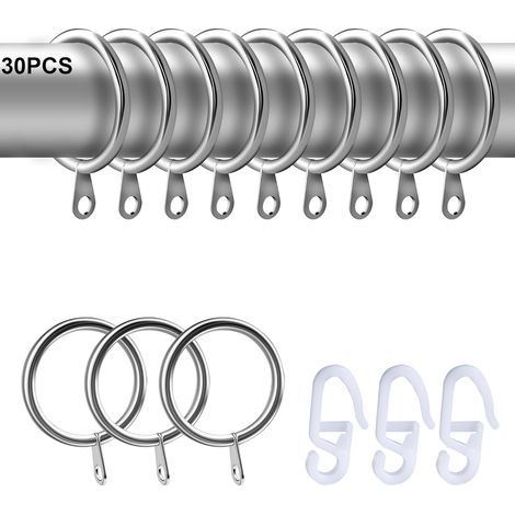 30 Pack Curtain Rings, Silver, with 30 Hooks 32mm Diameter, Heavy Duty Metal, for Window, Door, Shower Curtain, Home Decor (1/5)