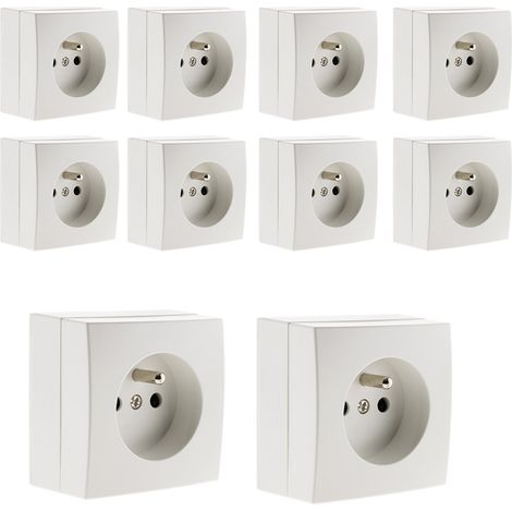 Zenitech – Lot de 10 prises 2P+T – Pose en saillie – Bornes à vis – Puissance 3680W – Normes CE et NF – Compatible moulures standard