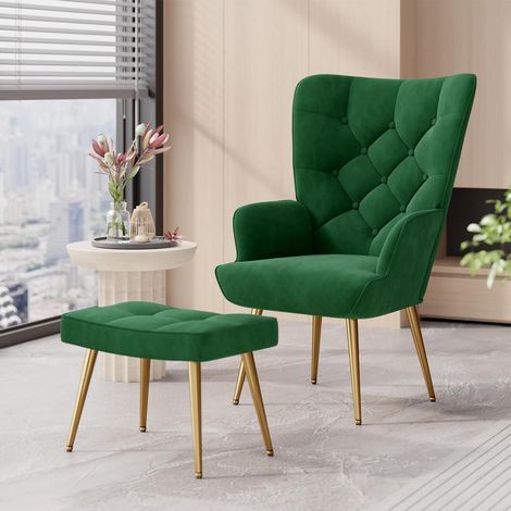 Sessel mit Hocker, modern, Samt, goldene Metallfüße, bis 150 kg, Grün (1/5)