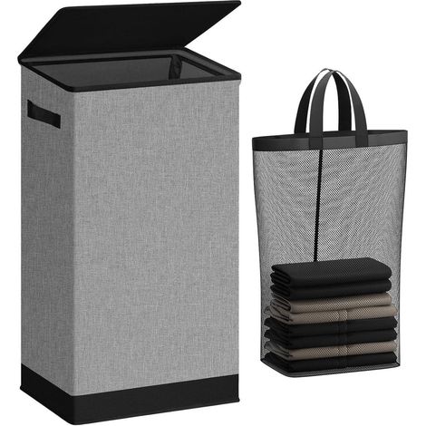 Wäschekorb 100L mit Deckel und Wäschesack, schmal, faltbar, grau (1/5)