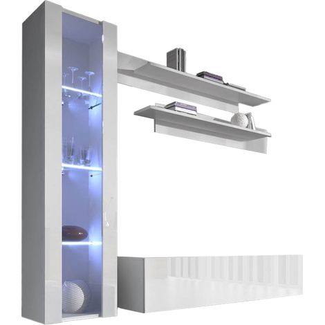 Ensemble de Meubles TV  Mur de Rangement  Meuble salon  Suspendu avec LED  Modèle Nora 2  Blanc Finition brillante
