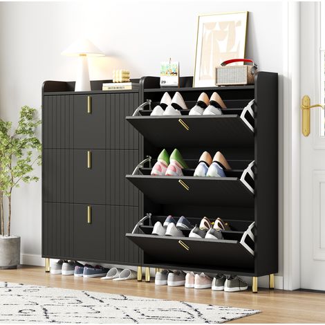 Juego de 2 armarios zapateros de 80x23x123.5 cm, ajustables, con base y tirador de metal dorado, MDF negro (1/5)