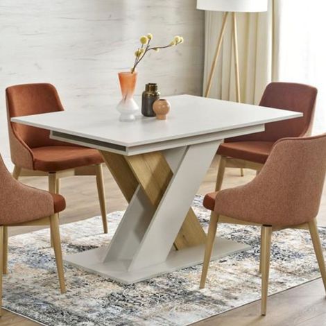 Table à manger extensible avec pied central beige et bois APODIS (1/5)