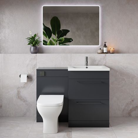 Napoli 460 Gloss Grey 1100mm 2 Drawer Vanity Unit Toilet Suite with Glide Basin - 1100mm - Gunmetal Grey 320mm HandleWith Kingston Toilet Pan and Seat