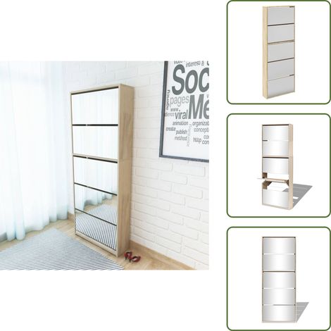Schuhschrank mit 5 Fächern Spiegel Eiche 63x17x169,5 cm - Spiegel-Schuhschrank - Schuhschrank - Eichenholz - Garderobe - Flurumgebung (1/5)