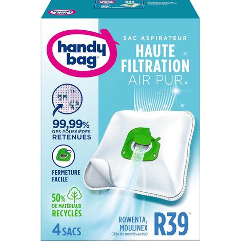 Handy Bag - Sacchetti per aspirapolvere R39 (4 pezzi) - Compatibili con Moulinex, Rowenta, Tefal - Catturano il 99,99% della polvere - Chiusura facile - Antiallergici - Materiali riciclati al 50% (1/5)