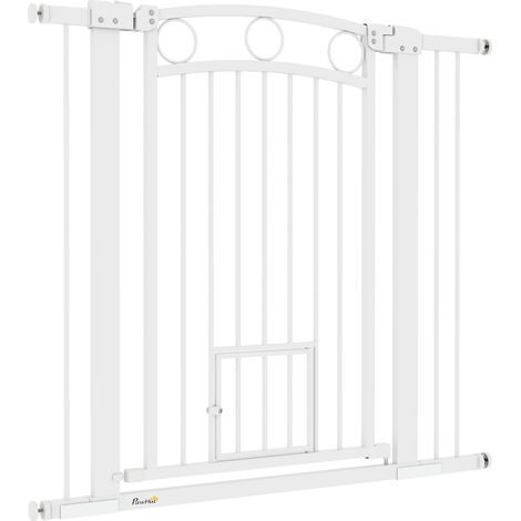 Puerta para perros, 76-104 cm, puerta de escalera sin taladrar, puerta de escalera con cerradura y puerta para gatos, puerta protectora para todos los perros grandes, acero, blanco (1/5)
