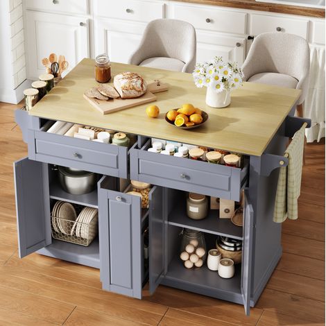 Isola da cucina mobile con piano ribaltabile, mobile ausiliario in MDF 121 x 69 x 89 cm (1/5)