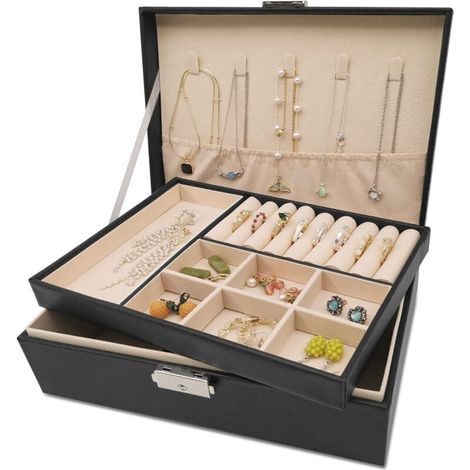 Boite a Bijoux 2 Niveaux Coffret Bijoux Femme Jewelry Organizer PU Cuir Rangement Bijoux pour Boucle d'oreilles, Bagues, Bracelet, Collier (1/5)