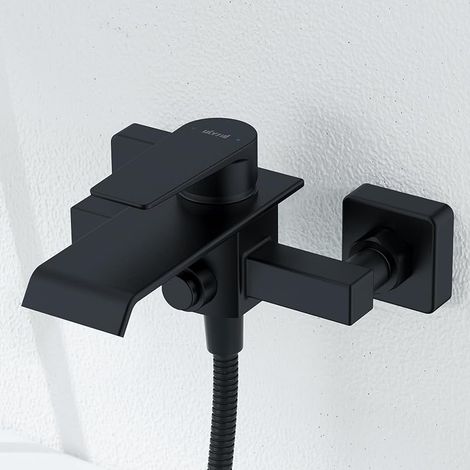 Robinet Baignoire Noir, Mitigeur Baignoire Cascade en Laiton, Mitigeur Monocommande Montage Mural pour Douche avec 2 Sorties, Robinet de Bain Apparent, Raccord Fileté 1/2"