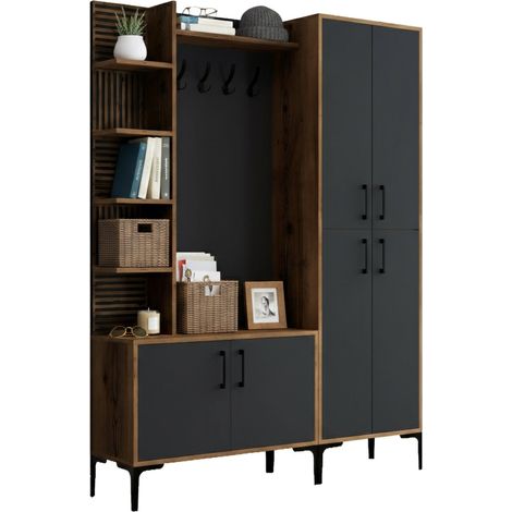 Eingangsmöbel Vivian, 18 Paar, 11 Regale, Garderobe, 150x35x200h cm, Nussbaum Braun