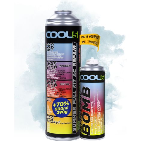 COOL5 5in1 - Kit di riparazione per climatizzatore, AC, sostituzione del refrigerante R1234yf per la ricarica del climatizzatore di auto dopo il 2016 + Bomba rinfrescante + Detergente APC 500ml
