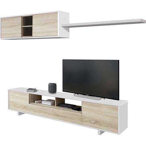 Parete Attrezzata Porta TV Mobile Basso Salotto Con 3 Vani Chiusi E 2 A Giorno Pensile Design Moderno Minimal Per Soggiorno Zona Living 200 x 42 x 47 Cm Colore Bianco E Rovere (1/5)