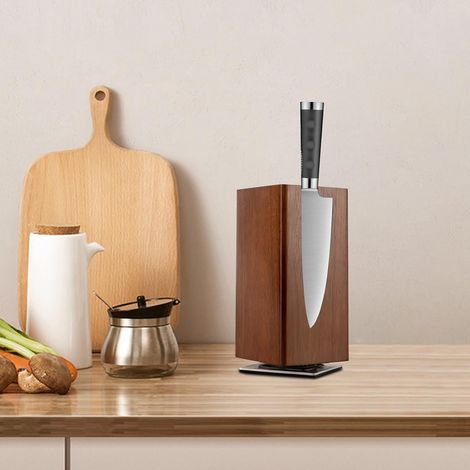 Bloc à couteaux magnétique, rotatif à 360°, en bois d'acacia, sans couteaux, support de couteaux de cuisine, support à couteaux aimanté, porte-couteaux des deux côtés, grand, marron (1/5)