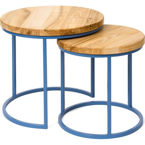 LAMO Manufaktur Table basse gigogne en bois rond - lot de 2 pièces - Table d'appoint bout de canapé pour salon, chambre à coucher - Tables basses industrielles - Couleur : rustique, pieds : bleu (1/5)