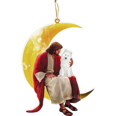 Ornement De Noël - Chien Et Jésus Assis Sur La Lune - Décoration Murale En Acrylique - Pour Intérieur - 1 Pièce (1/5)