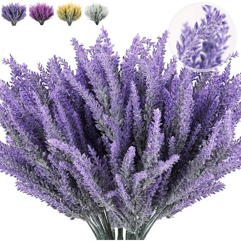 Lavande artificielle - Bouquet de 8 bottes floquées - Pour décoration intérieure et extérieure - Violet - Plantes artificielles durables (1/5)