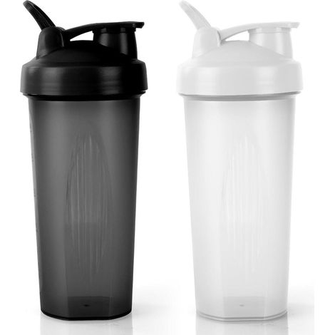 Protein Shaker 600ml mit Messskala, Henkel und Edelstahl-Mischkugel, BPA-frei, Auslaufsicher, Schwarz+Weiß (1/5)