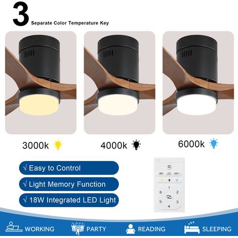 Ventilateur de plafond 132 cm – 3 pales en bois massif – Moteur CC réversible – Télécommande 6 vitesses – Corps noir, lames noyer — vue 2