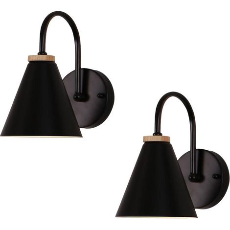 2X Applique Murale Moderne En Bois Applique Murale Minimaliste Rétro (Noire) Lampe Murale Nordique Pour Salon Chambre Étude Porche Couloir E27 (1/5)
