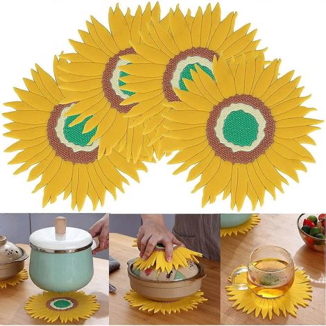 Ensemble de 4 dessous de plat en silicone à motif tournesol, antidérapants, pour tasses, bols et autres ustensiles de cuisine. (1/4)