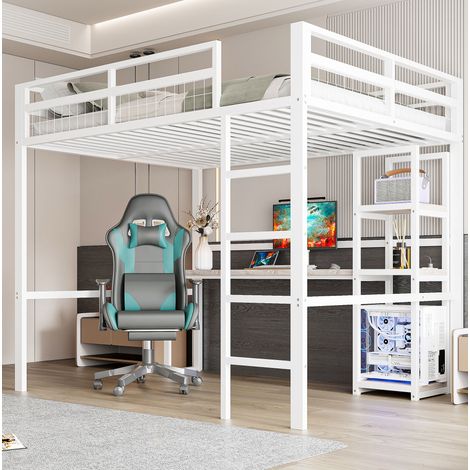 Letto rialzato adulti 140x200 cm con ripiani aperti, scrivania con presa elettrica, porta USB-C e scala, senza materasso, bianco (1/5)