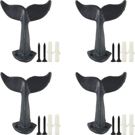 4PCS cast iron whale tail wall hooks with mounting screws, wall ratchets, black