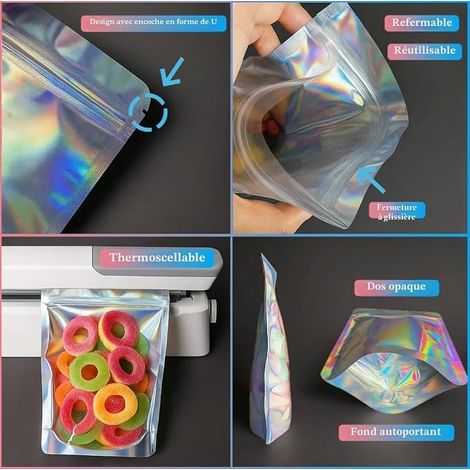 Sachets Zip Doypack Holographiques, Pochettes Mylar (10 x 15 cm) (1/2)