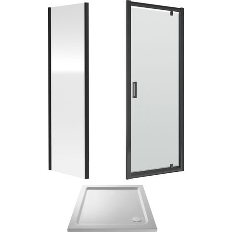 Balterley Pivot Shower Suite with 6mm Safety Glass Door, Side Panel & 760 x 760mm Tray in Matt Black Frame with White Tray (1/3)