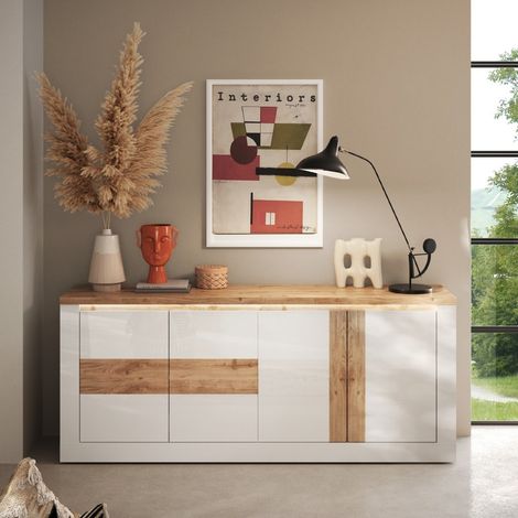 Buffet moderne 4 portes laqué blanc et bois 210cm ARIA (1/5)