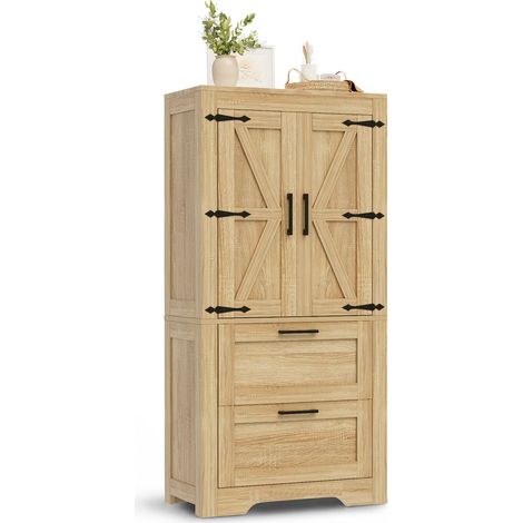 Meuble de rangement style maison de campagne 2 tiroirs étagères réglables design porte de grange couleur bois naturel meuble latéral (1/5)