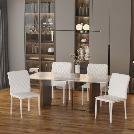 Ensemble de 4 chaises à manger en cuir synthétique - chaises de cuisine avec en losange et pieds en acier pour le salon et le salon - blancs