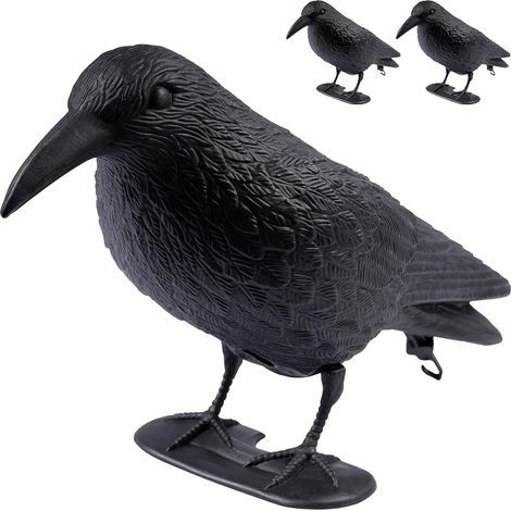 3 faux corbeaux en plastique, 38 x 13 x 12,5 cm, noirs, répulsifs à pigeons (1/5)