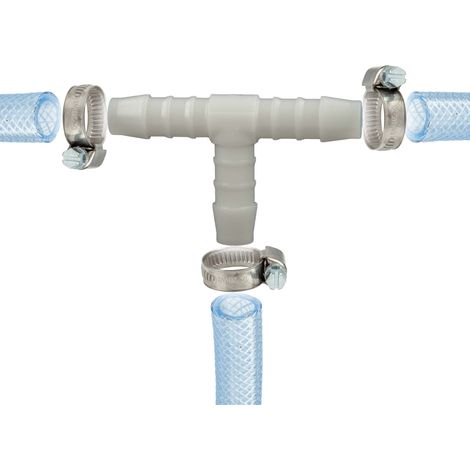 tecuro Schlauchverbinder T Stück allseitig Ø 14,5 mm, mit Edelstahlschlauchschellen - Nylon weiß (1/4)