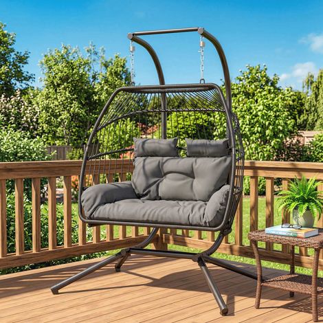 Fauteuil suspendu pliable en osier avec coussin et structure en acier, pour une utilisation intérieure et extérieure, charge maximale de 260 kg, gris foncé (1/5)
