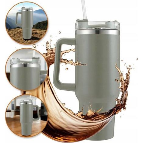 Tazza termica Ecarla con manico e cannuccia, 1 l, grigia, CUP16 (1/3)
