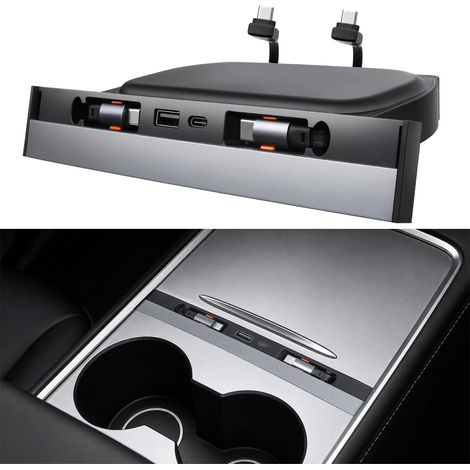 USB Hub for Model 3/Y, Voiture Multiport for Model Y 2021-2024 and Model 3 2021-2023, Tesla Center Console Adapter with Two Retractable Type C Data Cables, Model Y/3 Accessories (1/5)
