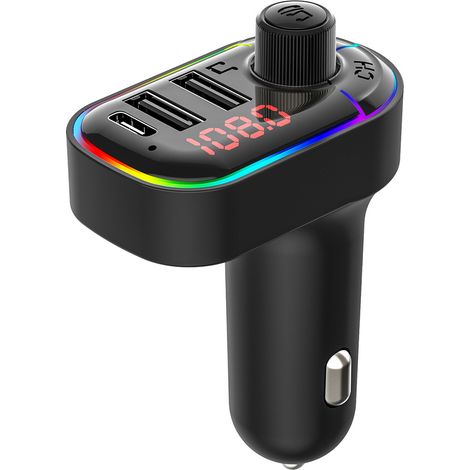 Cargador para coche, transmisor FM Bluetooth, cargador USB tipo C, kit manos libres inalámbrico, pantalla LED retroiluminada multicolor (1/5)