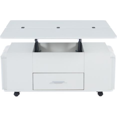 Table basse blanche multifonctionnelle avec 4 tabourets, plateau réglable, rangement intégré, 100 x 50 cm (1/5)