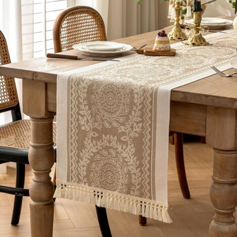 Chemin de table imperméable de 35x180 cm de long, style bohème, avec franges à pompons, idéal pour une table basse de fête (1/5)
