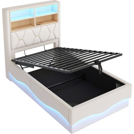 Lit pour enfant 90 × 200 cm avec coffre de rangement à relevage hydraulique, bande lumineuse LED contrôlée par application, port de charge USB, sommier à lattes en métal, revêtement en lin, beige. (1/5)