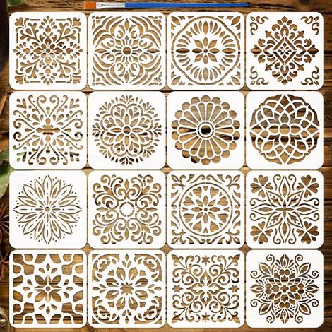 16PCS Pochoir Peinture Carreaux Mandala 20x20cm avec un Pinceau Ensemble de Pochoirs Mandala Réutilisable Modèle de Dessin PET pour Murs Sols Bois Meubles DIY Artisanat Décor Maison (1/5)