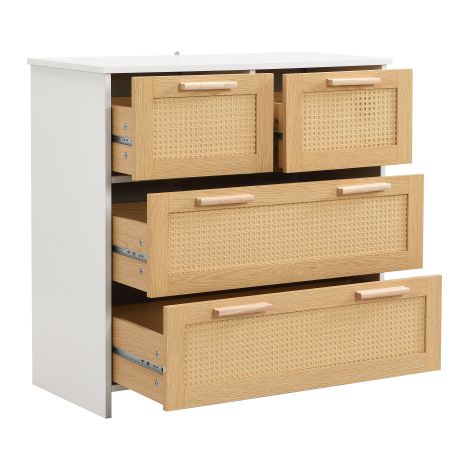 Commode rotin 4 tiroirs, poignées bois, meuble rangement, 80x80x38 cm