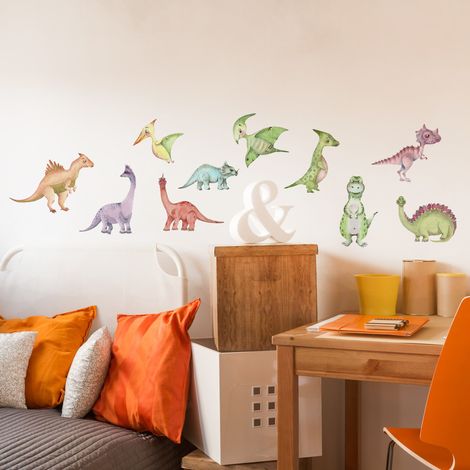 Sticker décoratif, illustration de dinosaures rigolos, couleurs douces façon aquarel, 68 cm X 48 cm (1/3)