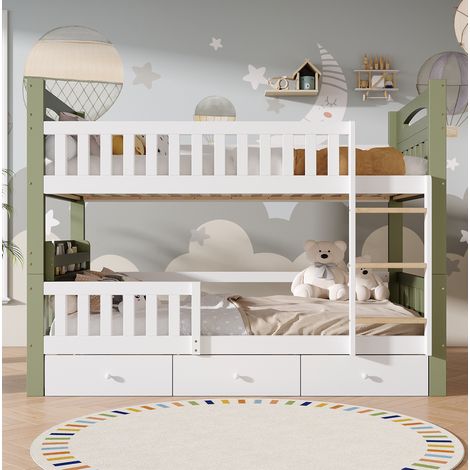Letto a castello per bambini 90x200 cm in legno bianco e verde con cassetti FloraGrace (1/5)